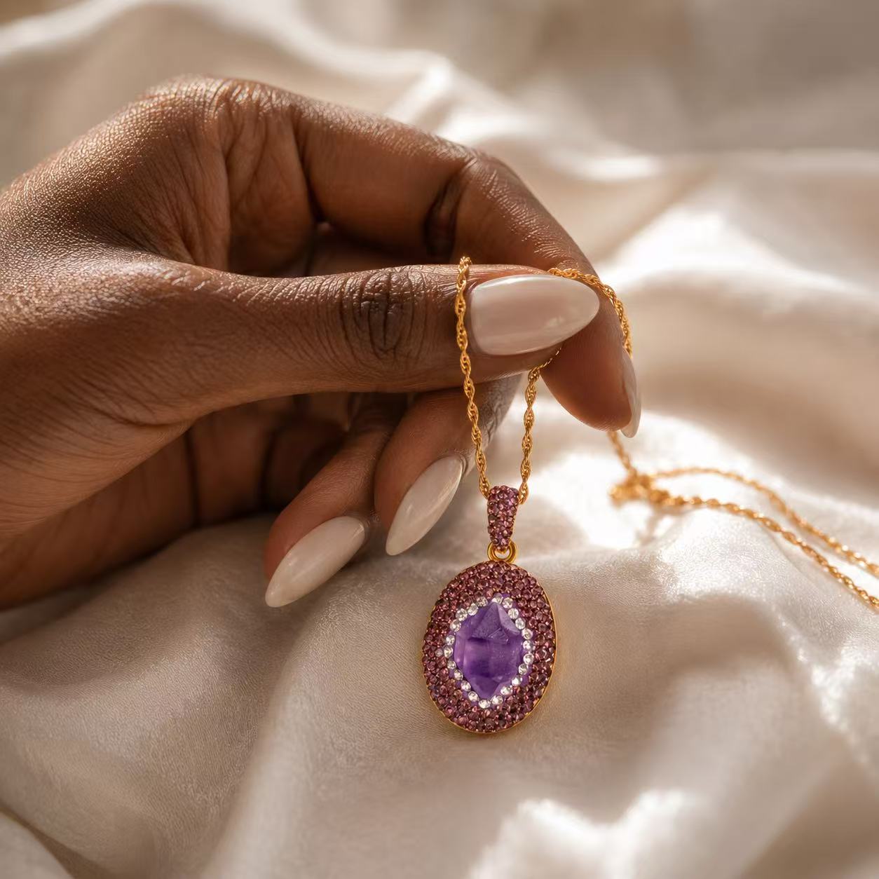 Amethyst Crystal Pendant Necklace Purple Gemstone Statement Jewelry Elegant Amethyst Pendant Necklace with Gold Chain and Rhinestones for Women's Fashion Jewelry