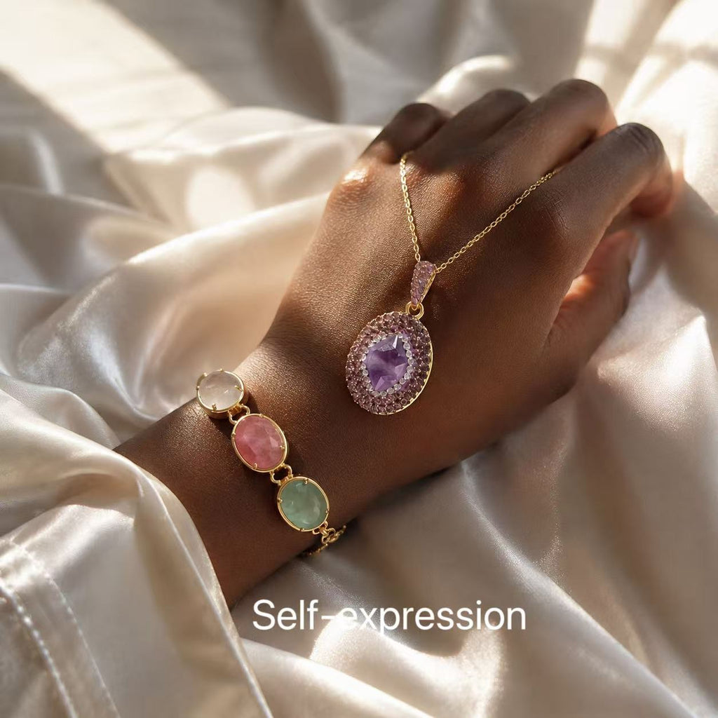 Amethyst Crystal Pendant Necklace Purple Gemstone Statement Jewelry Elegant Amethyst Pendant Necklace with Gold Chain and Rhinestones for Women's Fashion Jewelry