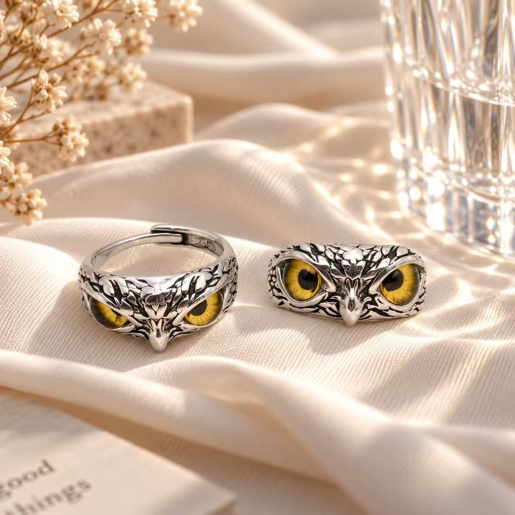 Vintage Owl Eye Adjustable Ring – Gothic Animal Statement Ring, Retro Silver Tone Open Band Jewelry, Unisex Couple Gift