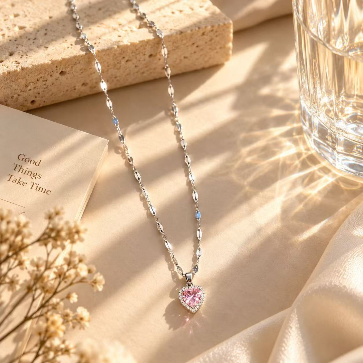 Pink Heart Pendant Necklace for Women, Silver Tone Gold Tone Sparkling Halo Heart Necklace, Romantic Everyday Jewelry Gift