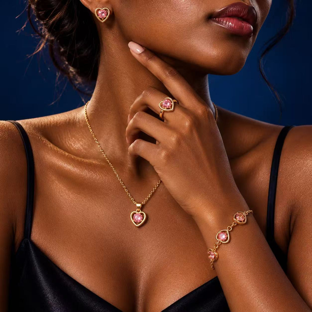 Heart Pink Stone Jewelry Set, Gold-Tone Necklace Bracelet Earrings Ring, 4-Piece Set