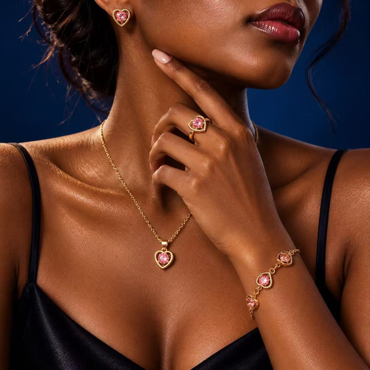 Heart Pink Stone Jewelry Set, Gold-Tone Necklace Bracelet Earrings Ring, 4-Piece Set