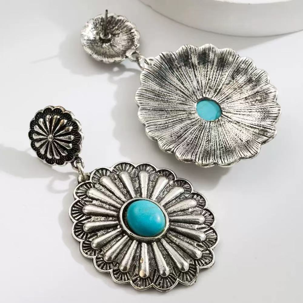 Vintage Silver Tone Statement Drop Earrings, Boho Turquoise Teardrop Dangle Earrings for Women Festival Vacation Jewelry Gift