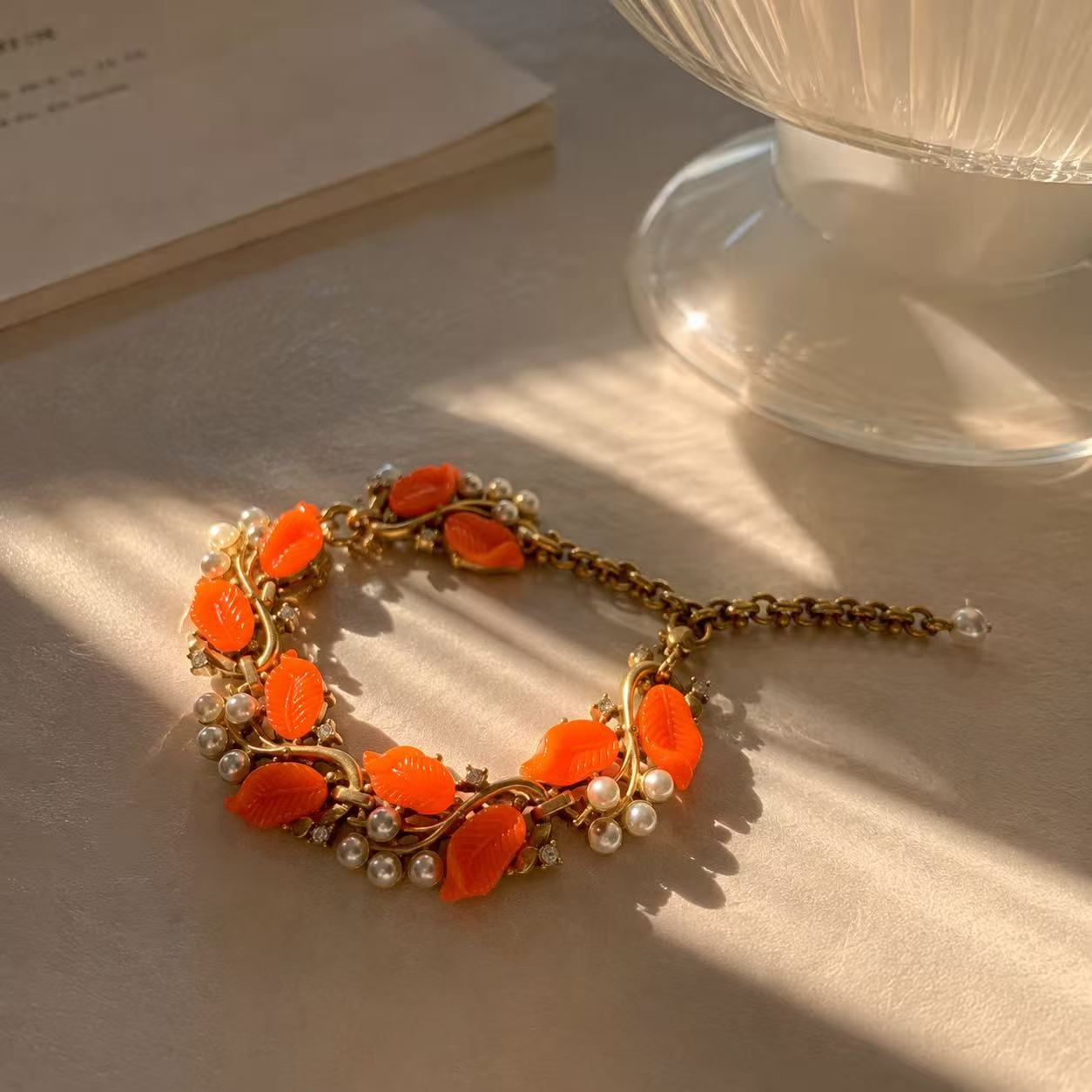 Orange Leaf Pearl Bracelet – Vintage Gold Statement Jewelry, Elegant Gift for Her
