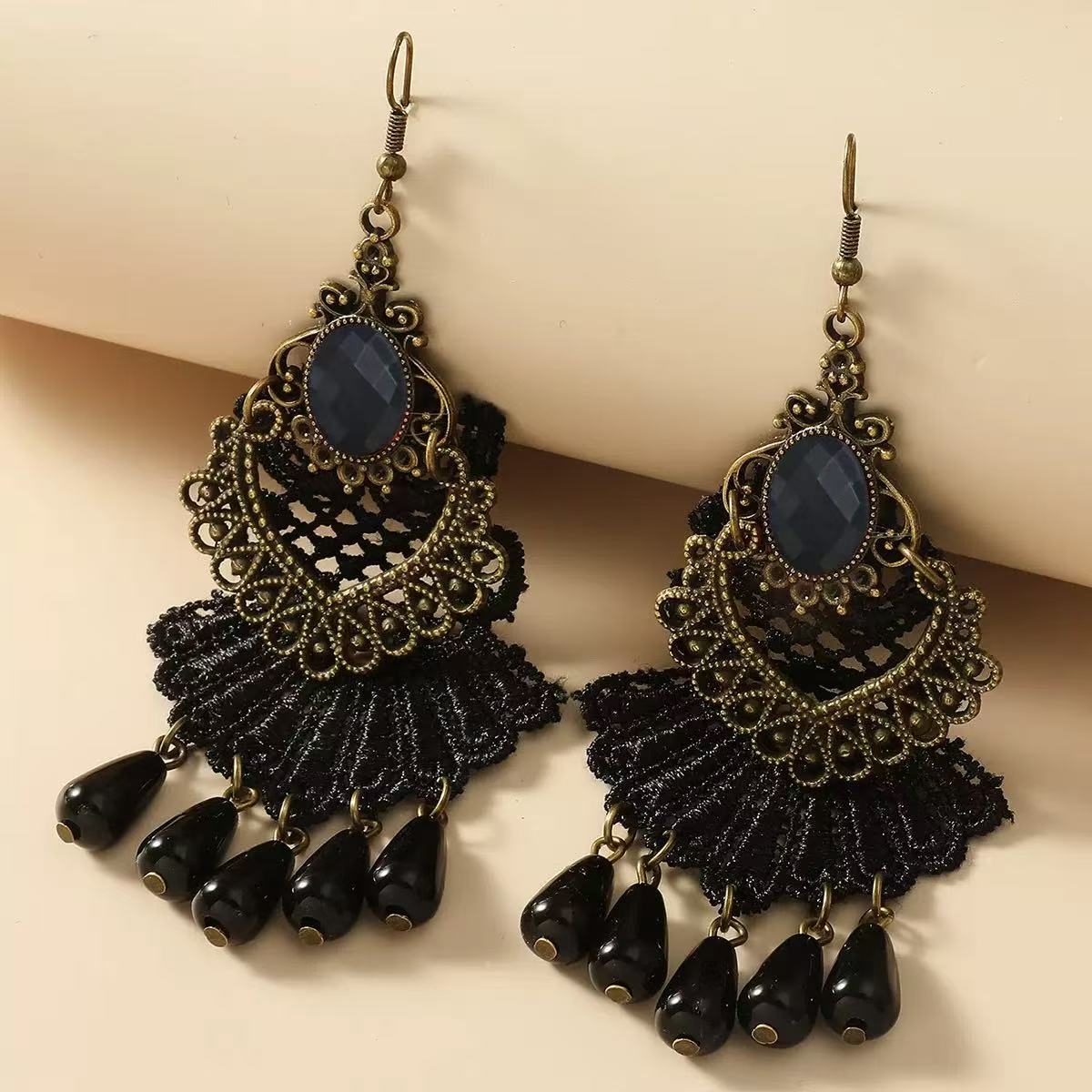 Vintage Gothic Lace Drop Earrings – Black & Ivory Statement Dangle Earrings, Crystal-Inspired Boho Jewelry for Halloween & Everyday Style