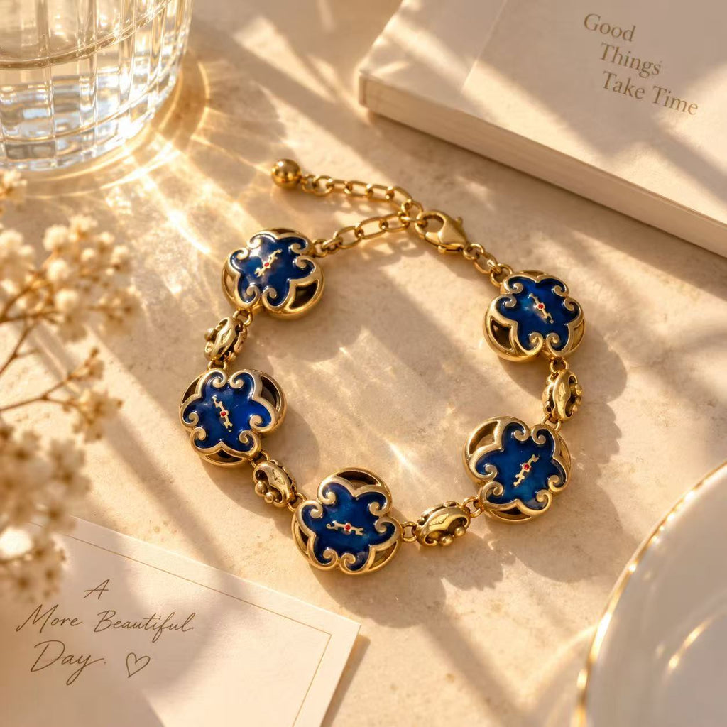 Blue Enamel Gold-Tone Statement Bracelet – Vintage Floral Charm Jewelry