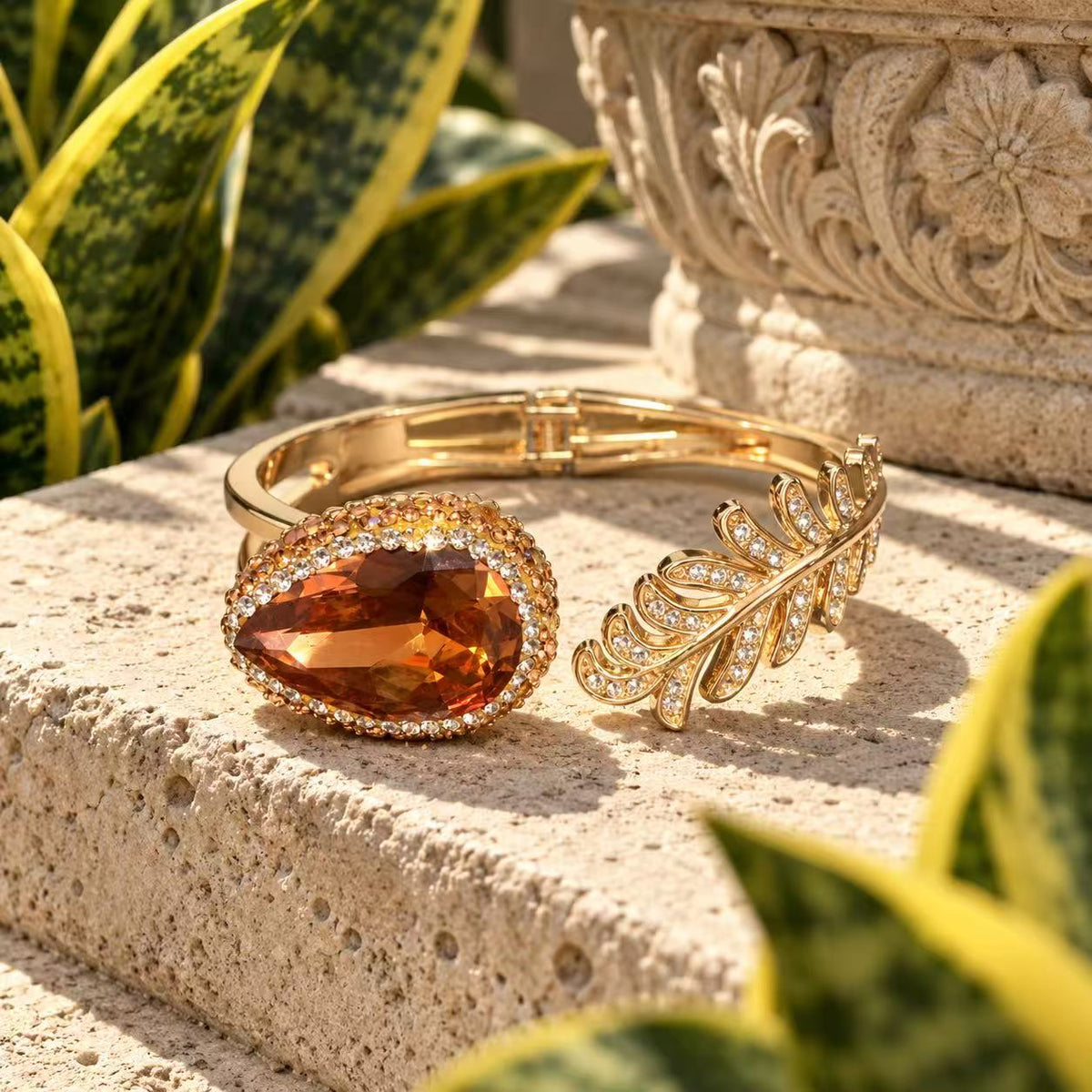 Amber Leaf Cuff Bracelet – Crystal-Embellished Statement Jewelry for Women