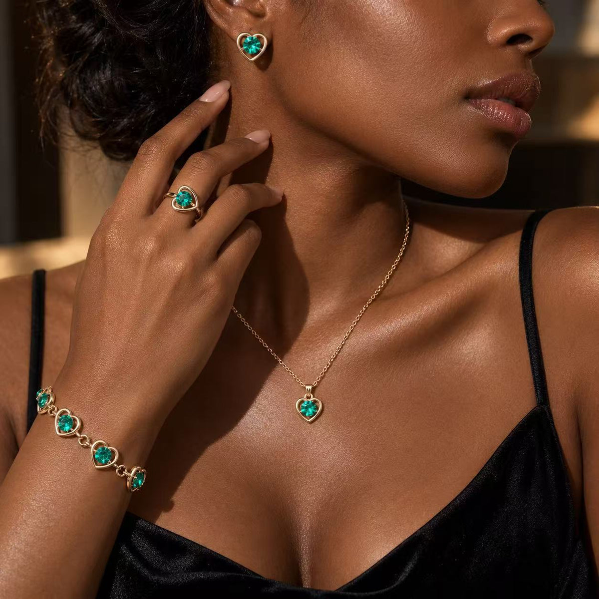 Green Heart Crystal Jewelry Set for Women, Gold-Tone Necklace, Bracelet, Ring & Stud Earrings, Elegant 4-Piece Gift Set