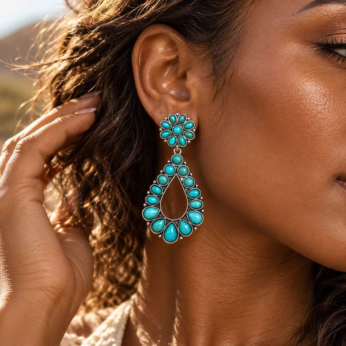 Boho blue Turquoise-Style Teardrop Dangle Earrings for Women, Vintage Western Statement Earrings, Antique Inspired Jewelry