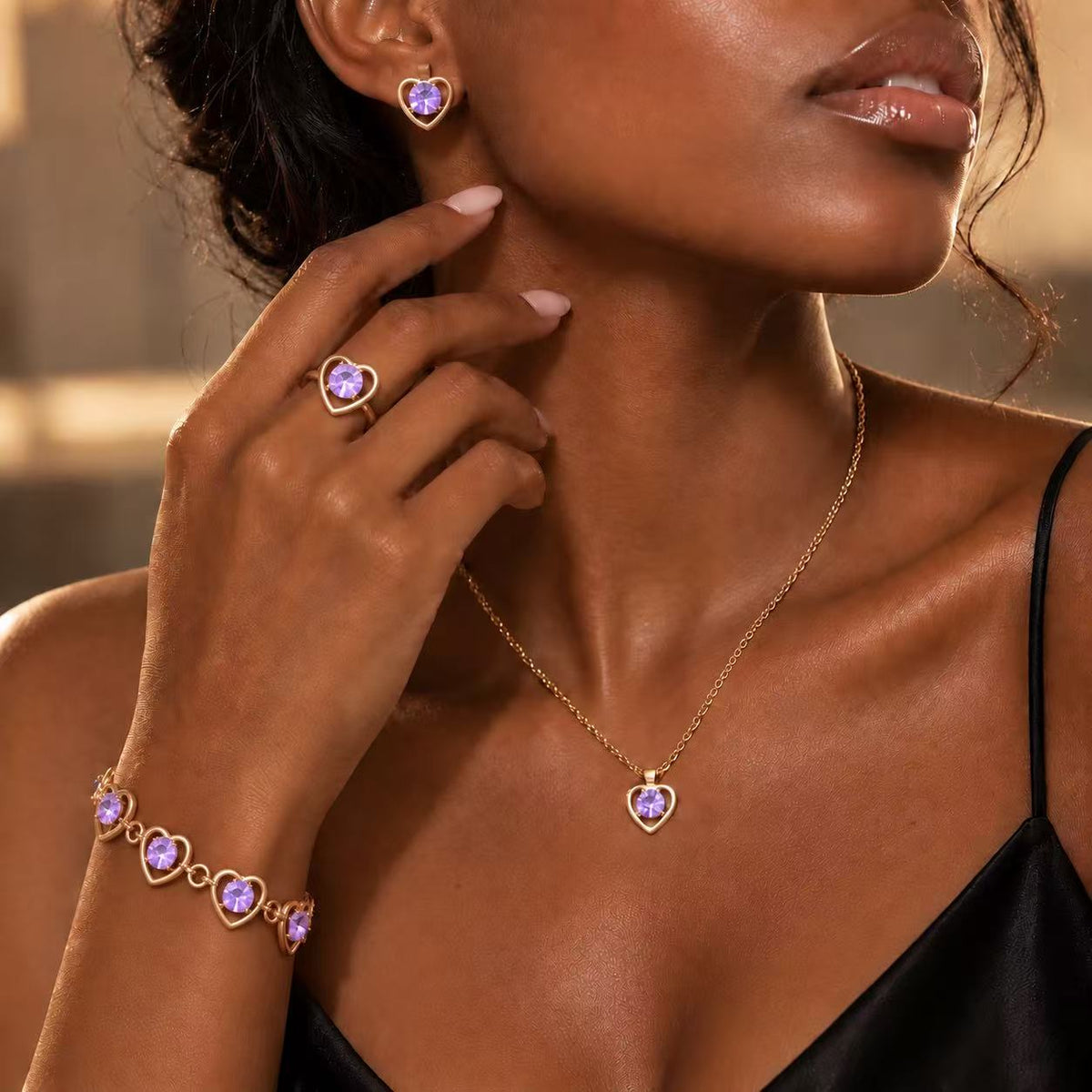 Purple Heart Crystal Jewelry Set for Women, Gold-Tone Necklace, Bracelet, Earrings & Ring, 4-Piece Elegant Jewelry Set