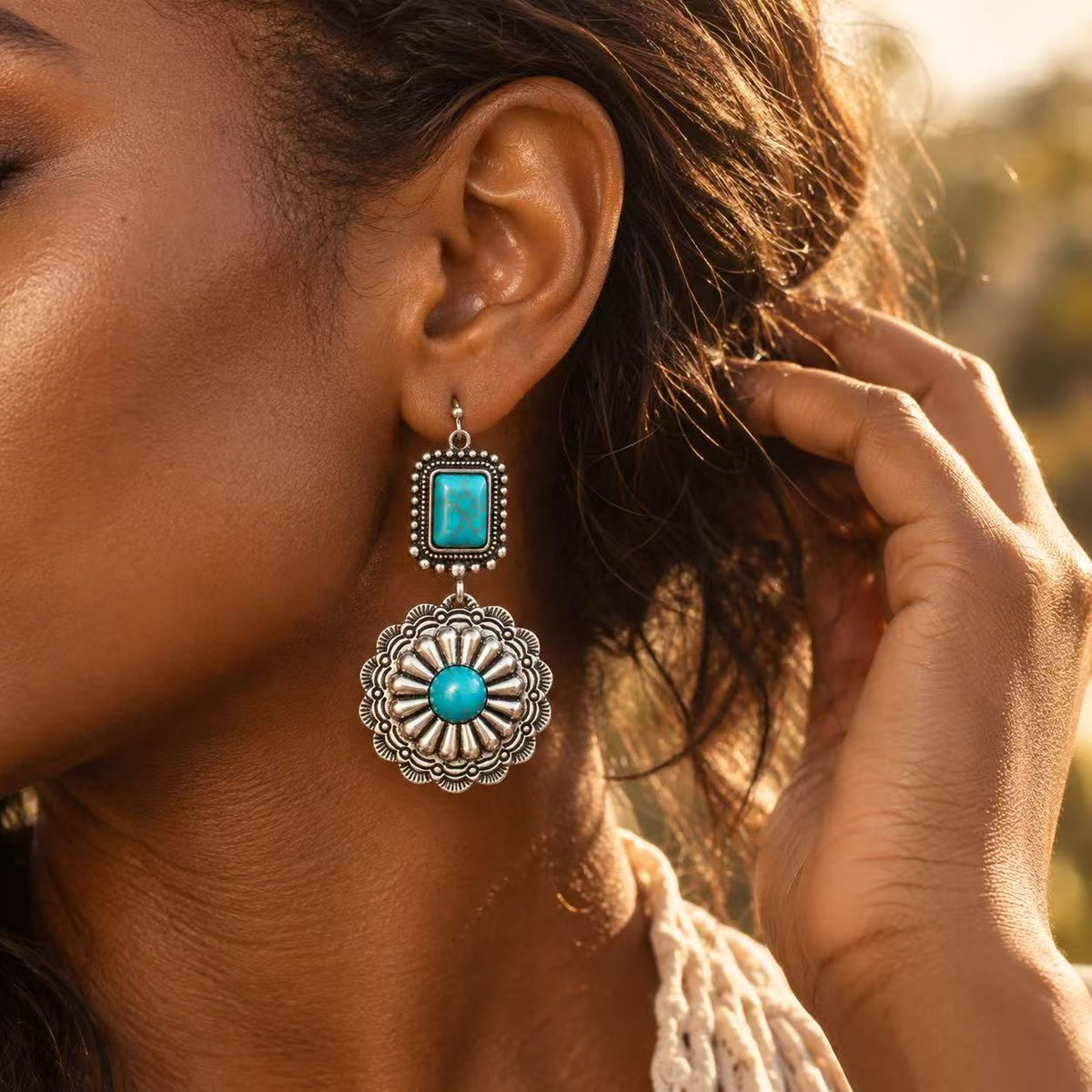 Festival Vacation Jewelry Gift,Boho Turquoise Teardrop Dangle Earrings for Women, Vintage Silver Tone Statement Drop Earrings
