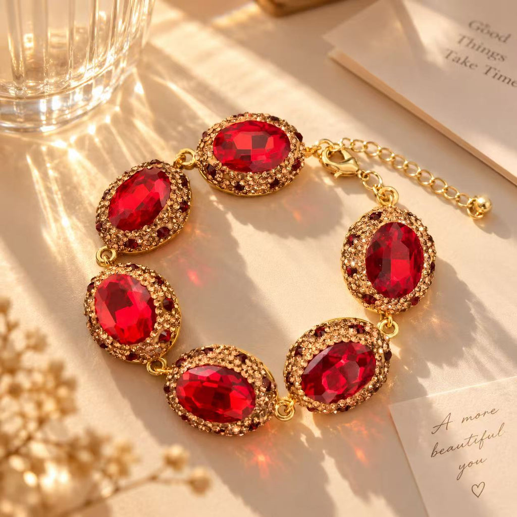 Red Crystal Gold-Tone Statement Bracelet – Vintage Glamour Oval Gemstone Jewelry