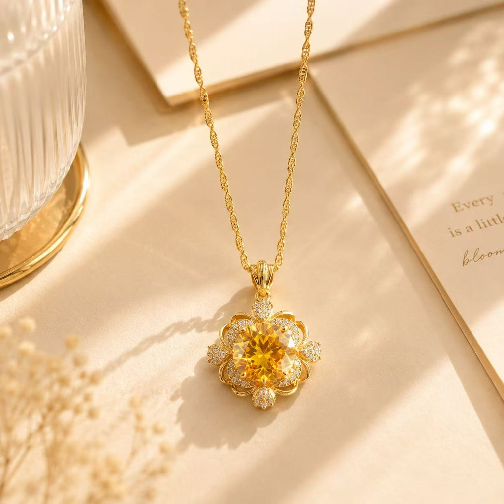 Golden Flower Crystal Pendant Necklace Elegant Gold Flower Pendant Necklace with Yellow Gemstone and Sparkling Accents for Women's Jewelry