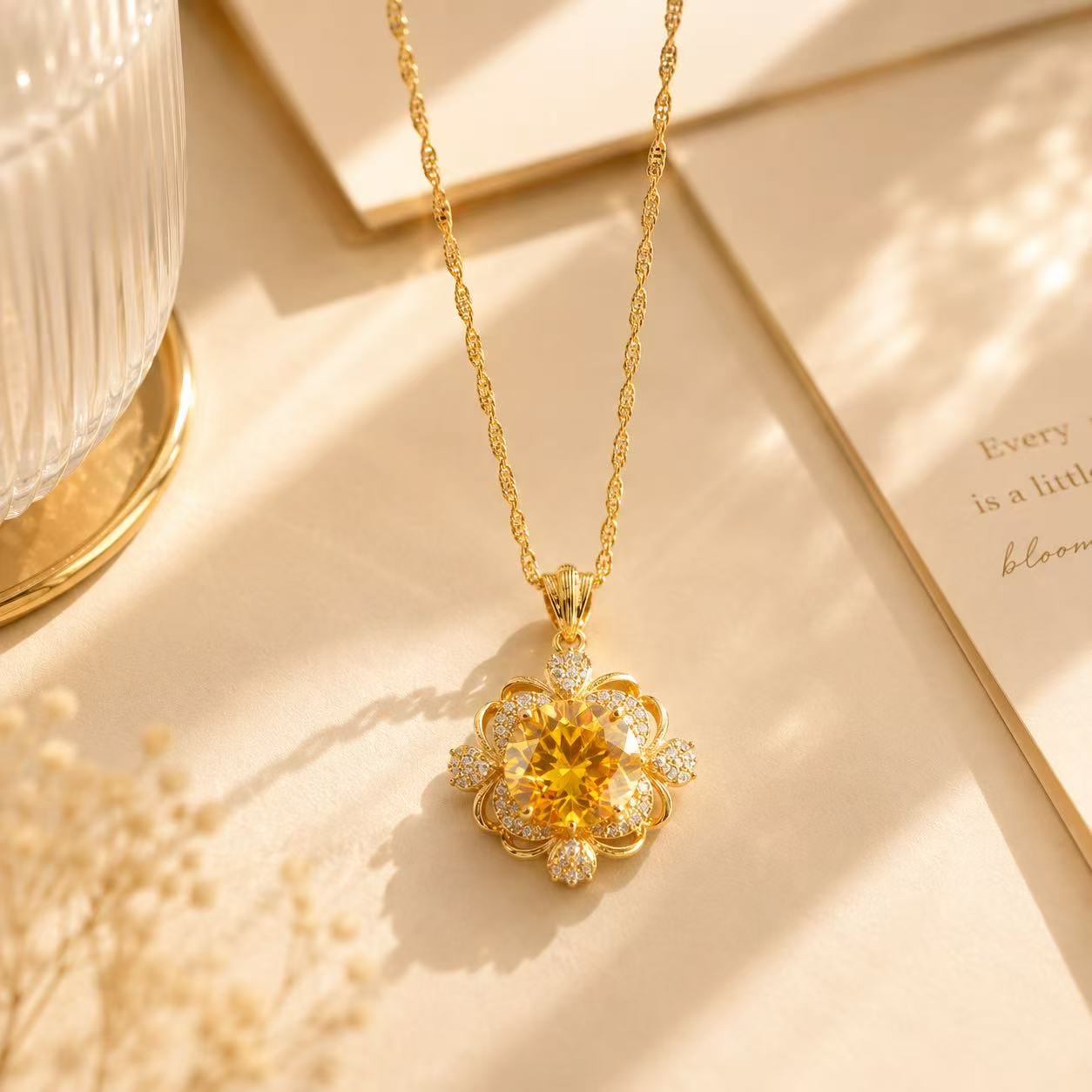 Golden Flower Crystal Pendant Necklace Elegant Gold Flower Pendant Necklace with Yellow Gemstone and Sparkling Accents for Women's Jewelry
