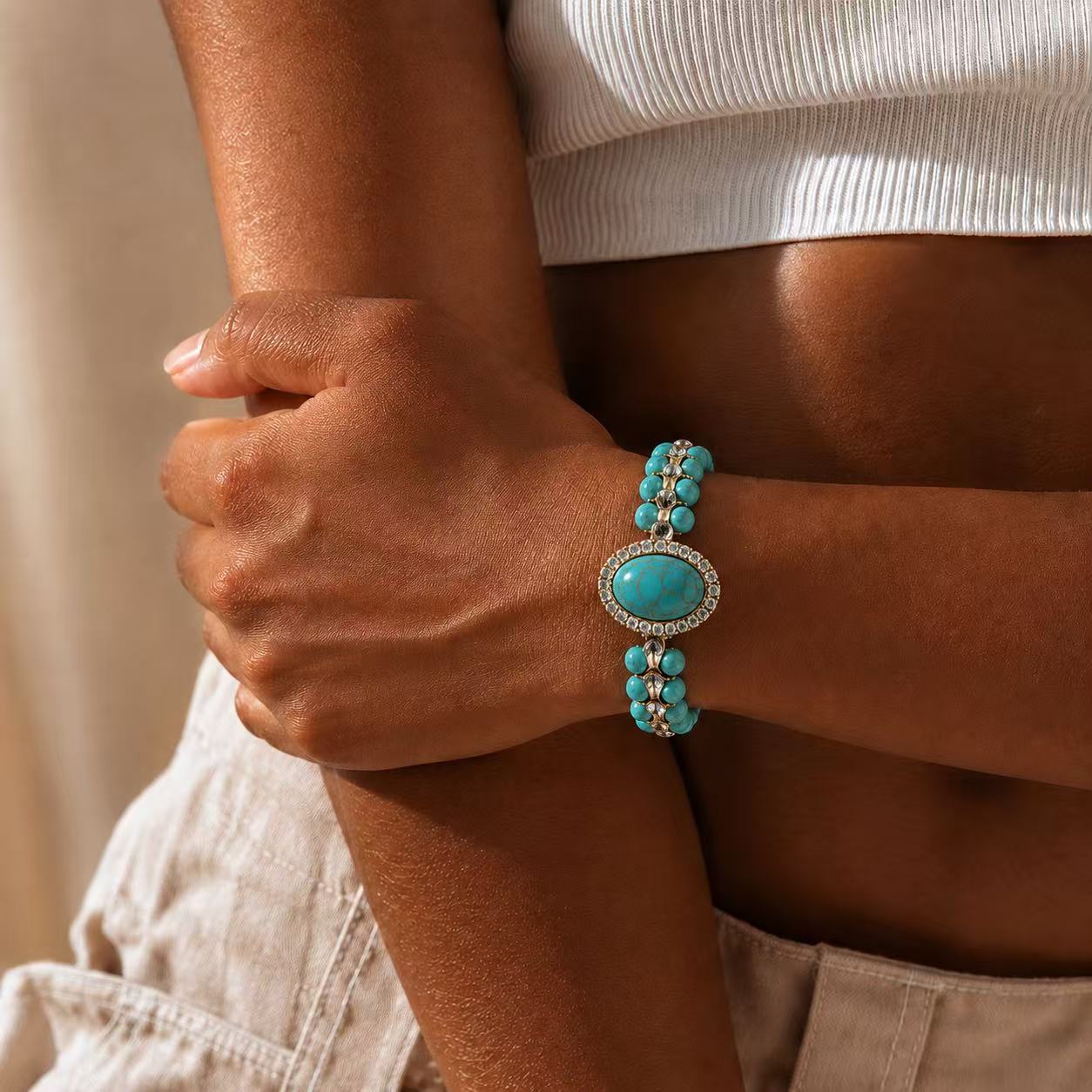 Turquoise Statement Bracelet – Gold-Tone Crystal & Natural Stone-Inspired Jewelry