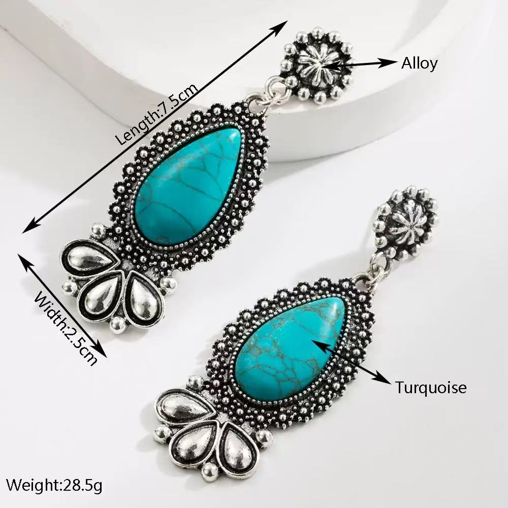 Boho Turquoise Teardrop Dangle Earrings for Women, Vintage Silver Tone Statement Drop Earrings, Festival Vacation Jewelry Gift