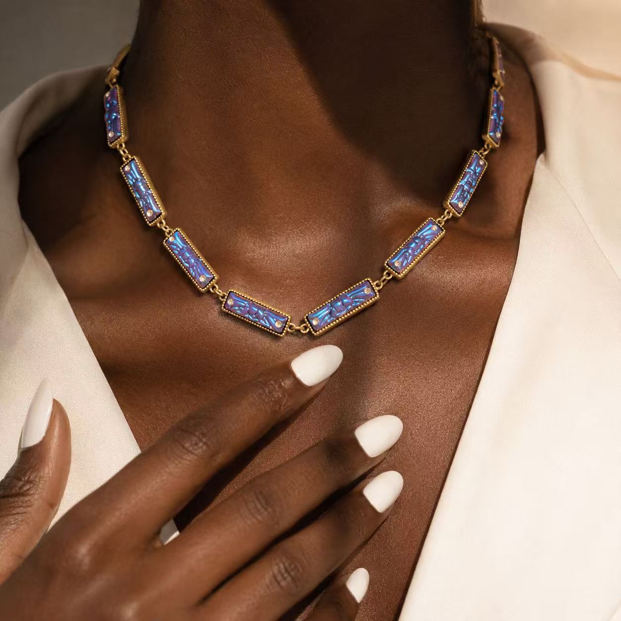 Elegant Blue Opal Necklace with Gold Tone Settings for Women's Fashion Jewelry