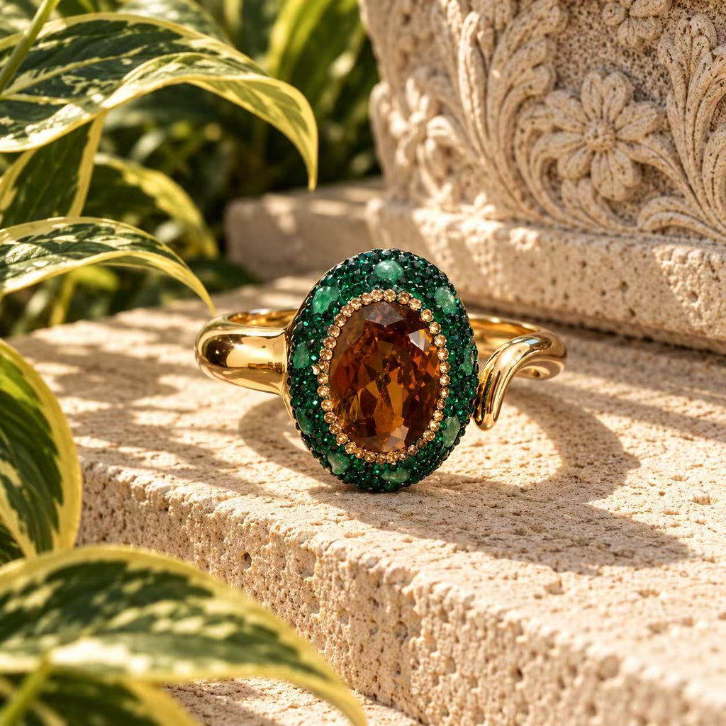 Emerald Green & Amber Statement Bracelet for Women, Gold-Tone Oval Gemstone Cuff, Elegant Vintage-Inspired Jewelry