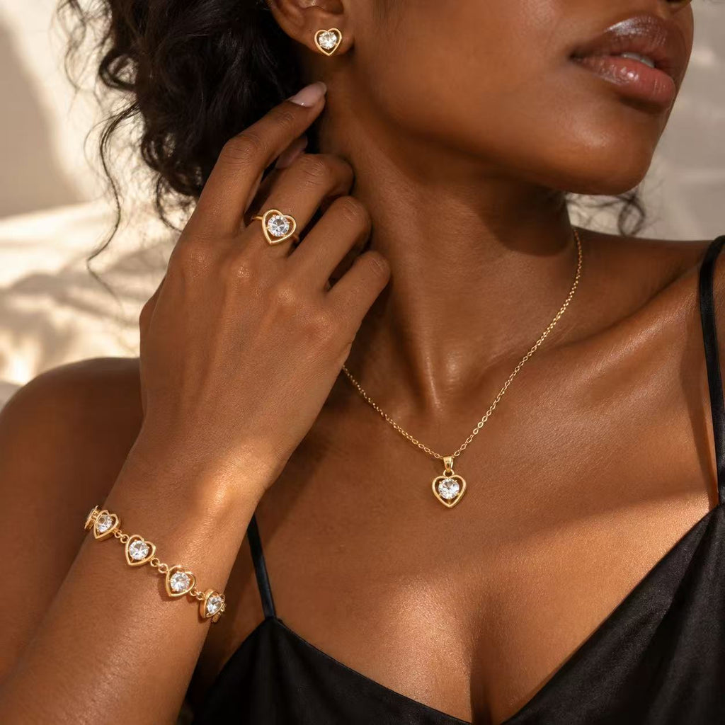 4-Piece Heart Crystal Jewelry Set for Women, Gold-Tone Necklace, Bracelet, Stud Earrings & Ring, Elegant Matching Jewelry Set