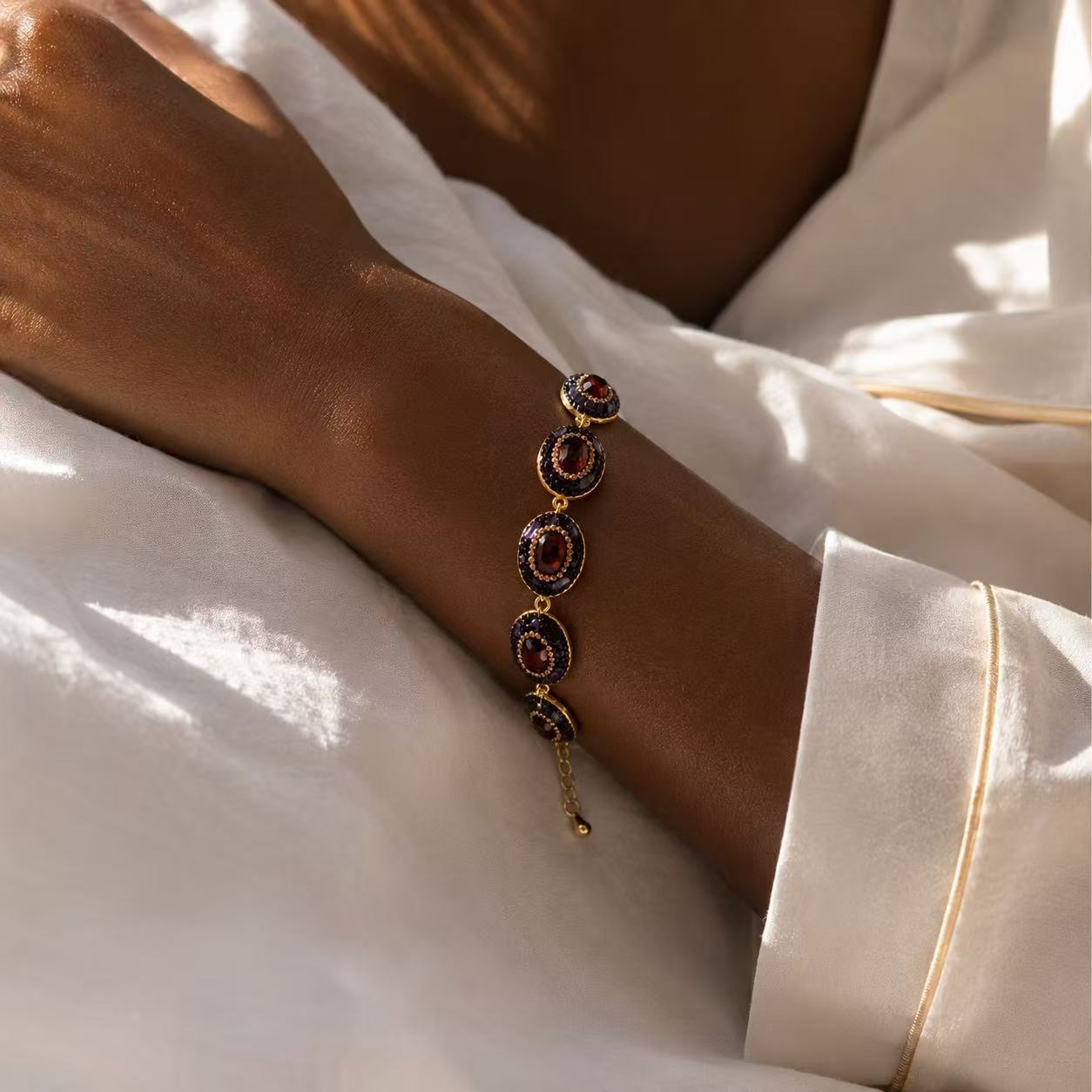 Garnet & Amethyst Statement Bracelet – Vintage-Inspired Gold-Tone Gemstone Jewelry