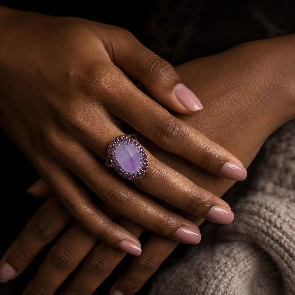 Amethyst Statement Ring for Women | Purple Crystal Cocktail Ring | Vintage Gold-Tone Oval Gemstone Jewelry Elegant Purple Gemstone Ring with Sparkling Halo Design for Women's Fashion Jewelry