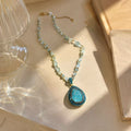 Aqua Blue Crystal Teardrop Necklace Elegant Teardrop Pendant Necklace with Turquoise Stone and Gold-Tone Beads for Women's Fashion Jewelry
