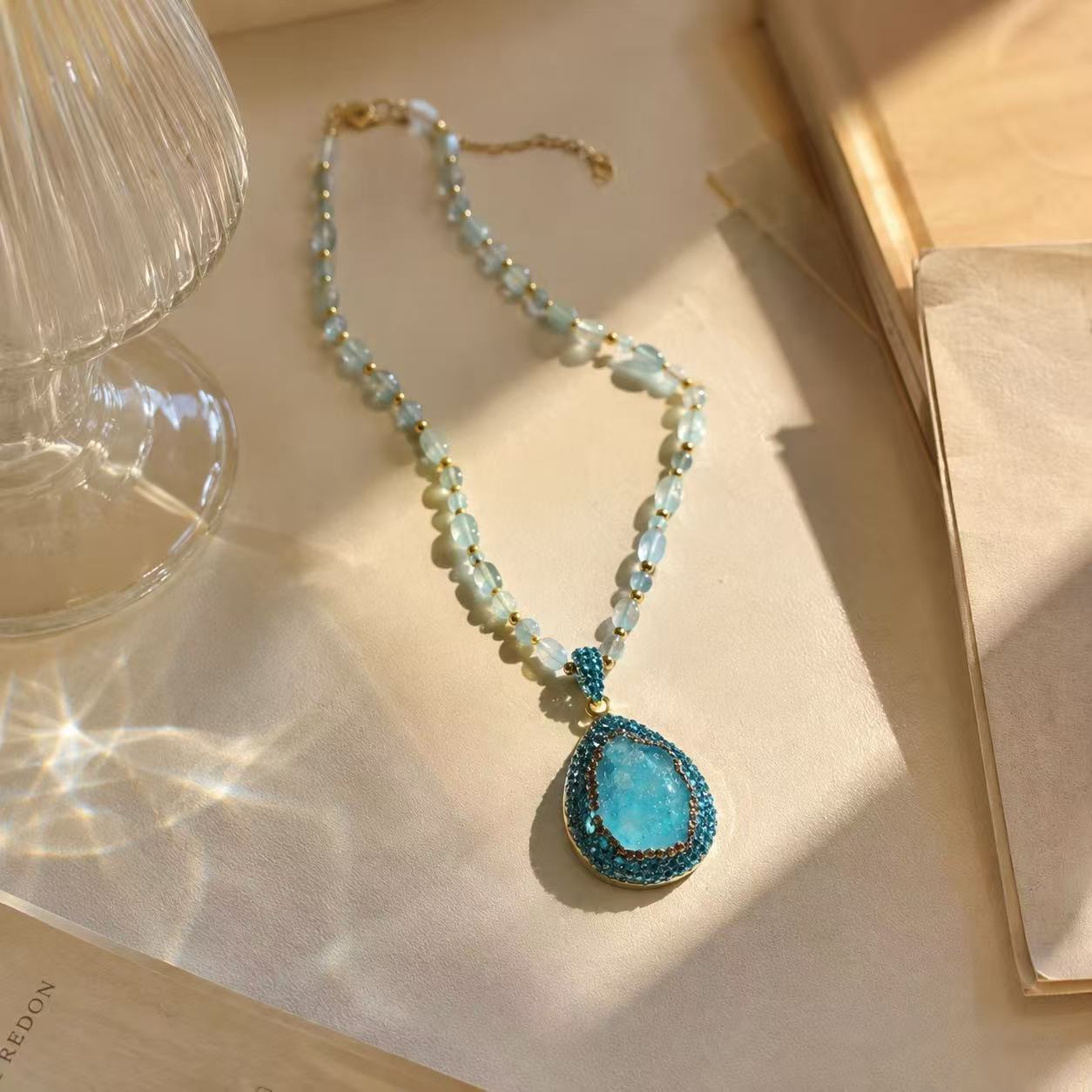 Aqua Blue Crystal Teardrop Necklace Elegant Teardrop Pendant Necklace with Turquoise Stone and Gold-Tone Beads for Women's Fashion Jewelry