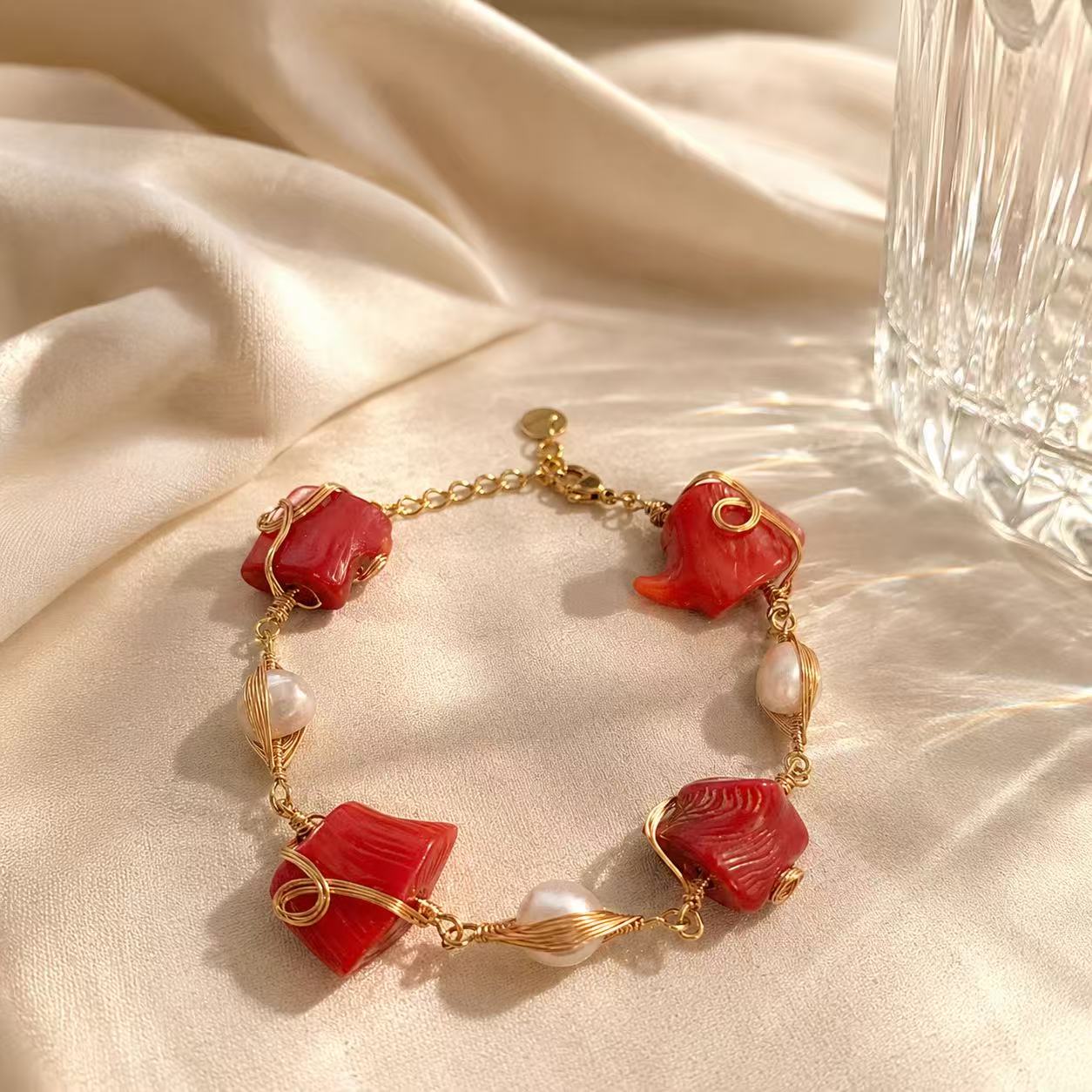 Red Coral & Freshwater Pearl Gold Wire-Wrapped Statement Bracelet