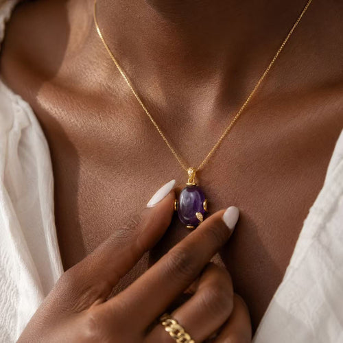 Amethyst Crystal Necklace Elegant Purple Amethyst Pendant Necklace in Gold Chain for Women's Fashion Jewelry