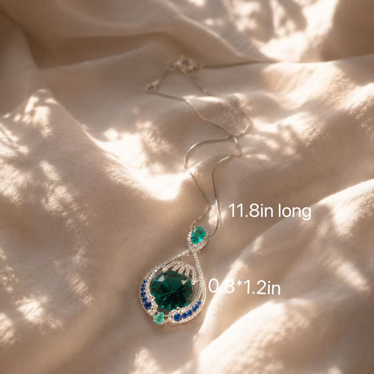 Green Gemstone Teardrop Pendant Necklace Elegant Statement Jewelry Elegant Emerald Teardrop Pendant Necklace with Blue Accents and Silver Chain for Women