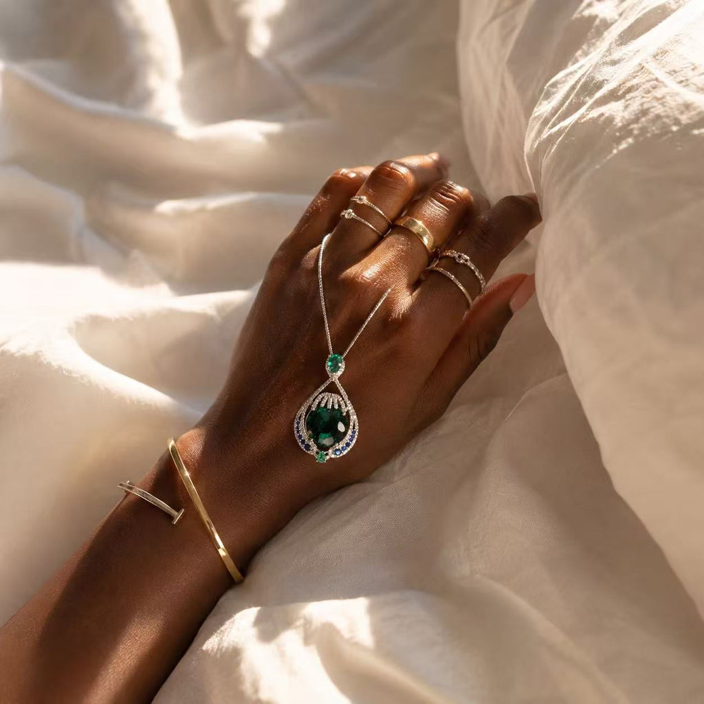 Green Gemstone Teardrop Pendant Necklace Elegant Statement Jewelry Elegant Emerald Teardrop Pendant Necklace with Blue Accents and Silver Chain for Women