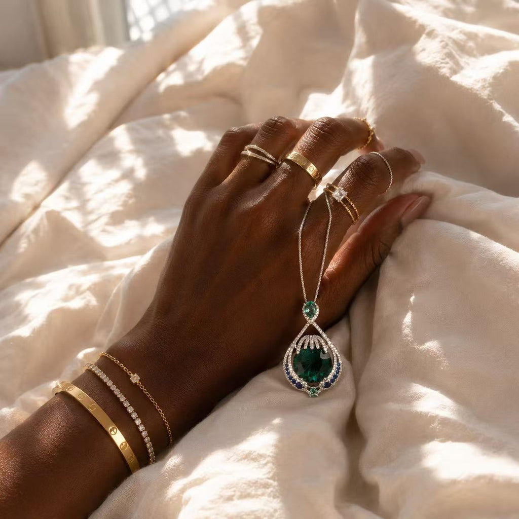 Green Gemstone Teardrop Pendant Necklace Elegant Statement Jewelry Elegant Emerald Teardrop Pendant Necklace with Blue Accents and Silver Chain for Women