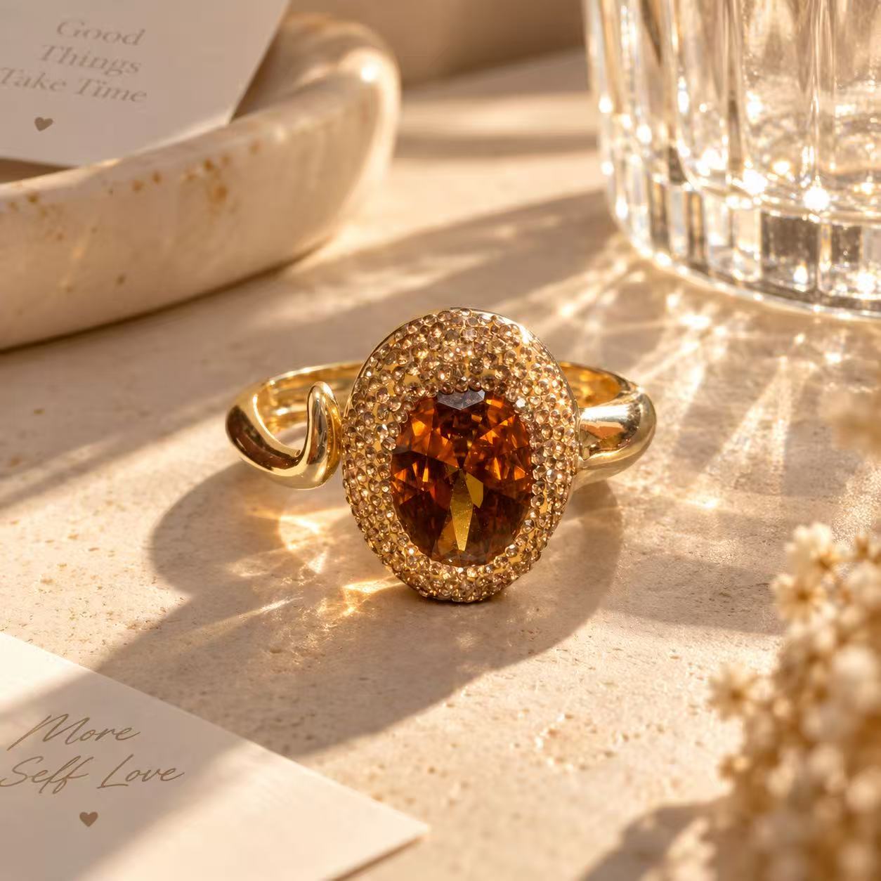 Gold Statement Bracelet for Women, Vintage Oval Amber Crystal Cuff Bracelet, Elegant Rhinestone Jewelry for Party, Wedding & Everyday Wear