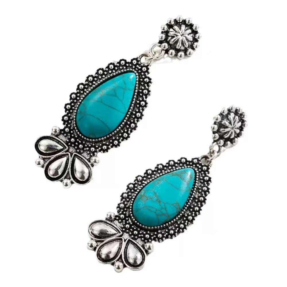 Boho Turquoise Teardrop Dangle Earrings for Women, Vintage Silver Tone Statement Drop Earrings, Festival Vacation Jewelry Gift