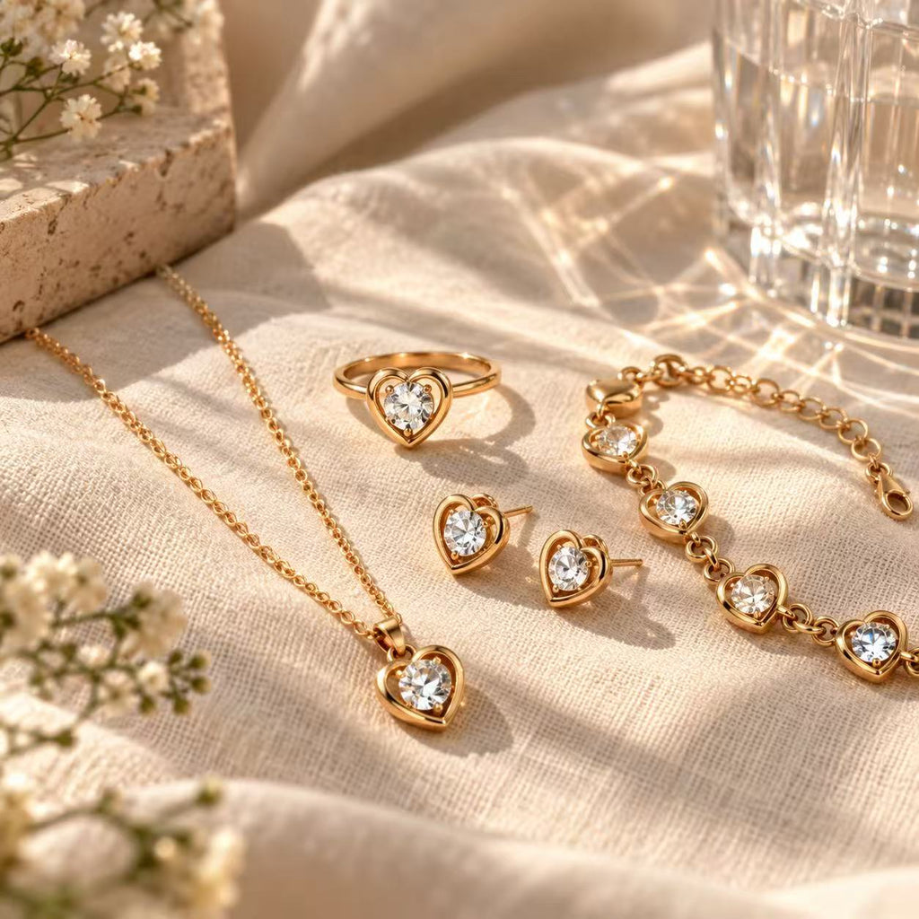 4-Piece Heart Crystal Jewelry Set for Women, Gold-Tone Necklace, Bracelet, Stud Earrings & Ring, Elegant Matching Jewelry Set