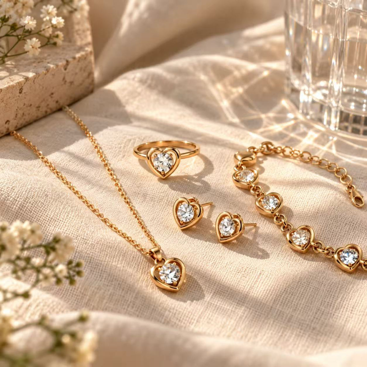 4-Piece Heart Crystal Jewelry Set for Women, Gold-Tone Necklace, Bracelet, Stud Earrings & Ring, Elegant Matching Jewelry Set