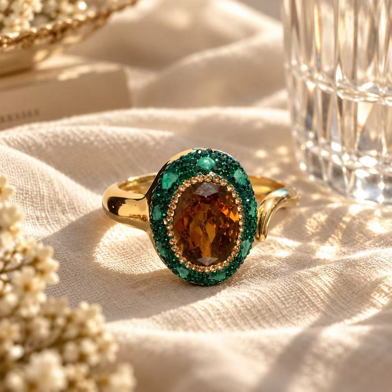 Emerald Green & Amber Statement Bracelet for Women, Gold-Tone Oval Gemstone Cuff, Elegant Vintage-Inspired Jewelry