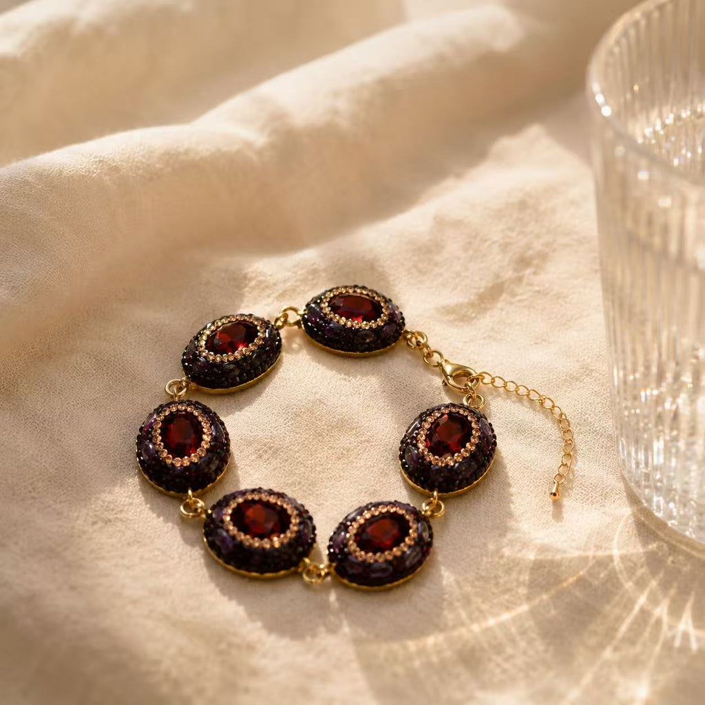 Garnet & Amethyst Statement Bracelet – Vintage-Inspired Gold-Tone Gemstone Jewelry