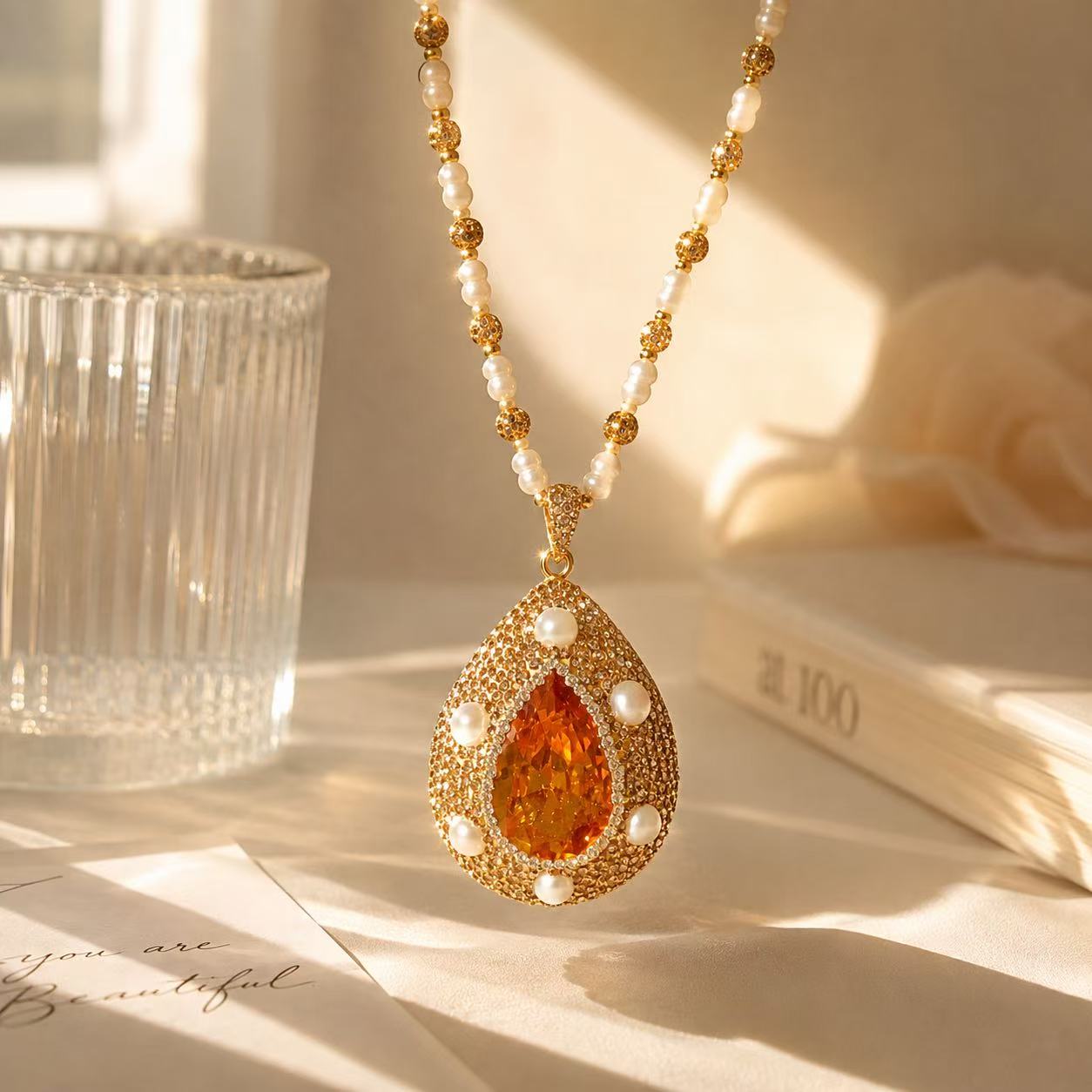 Elegant Pearl & Gold Teardrop Pendant Necklace with Amber Stone for Women's Fashion Jewelry