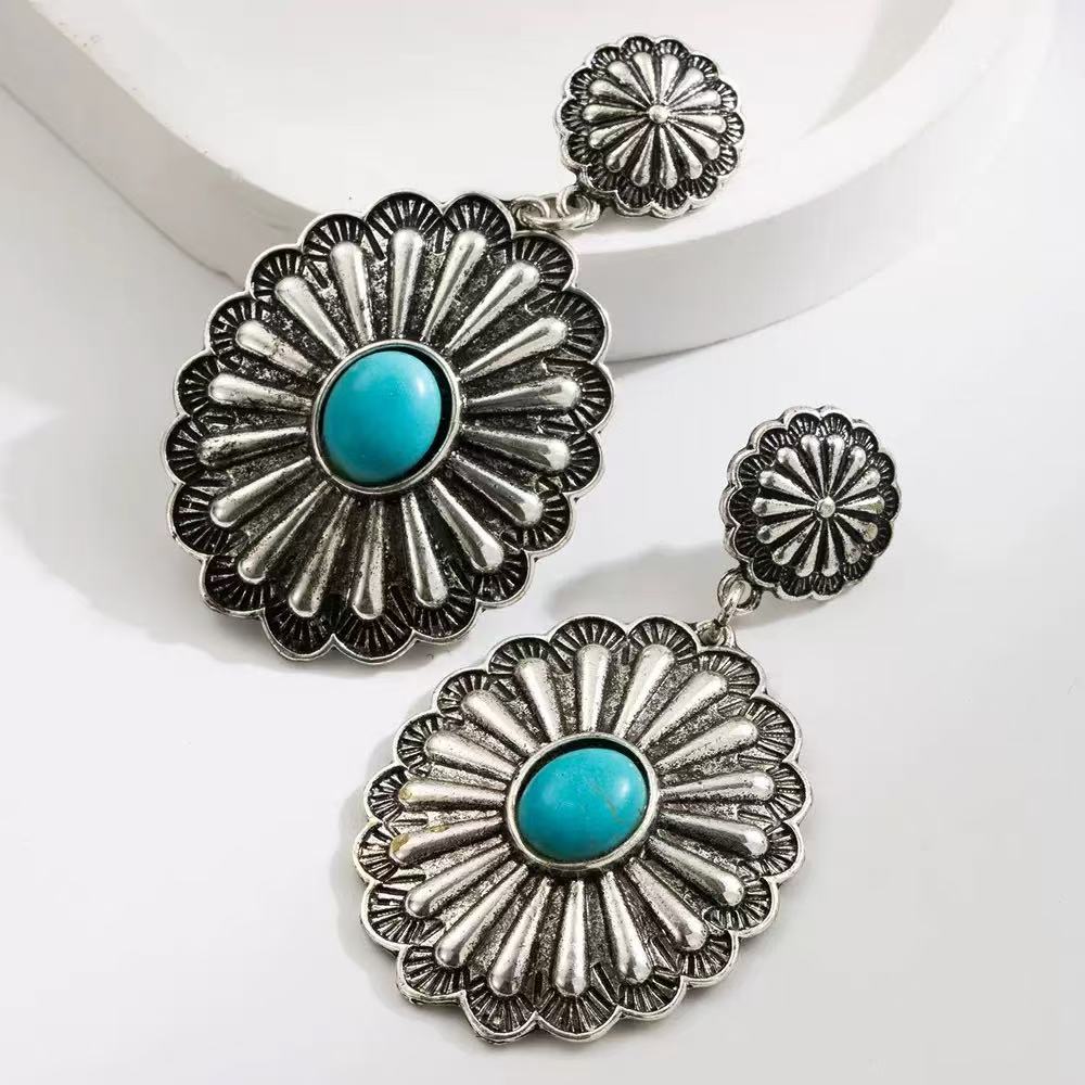 Vintage Silver Tone Statement Drop Earrings, Boho Turquoise Teardrop Dangle Earrings for Women Festival Vacation Jewelry Gift