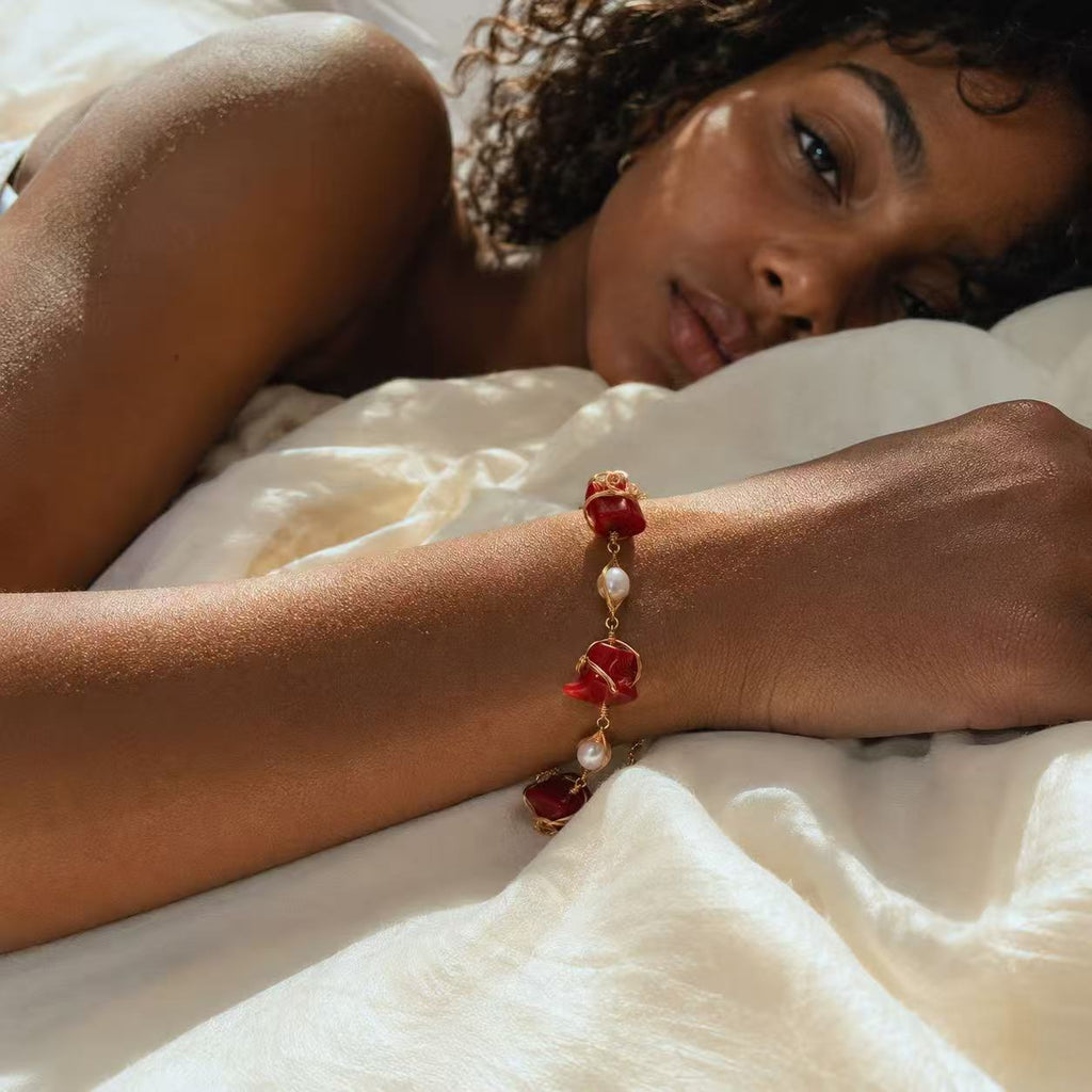 Red Coral & Freshwater Pearl Gold Wire-Wrapped Statement Bracelet