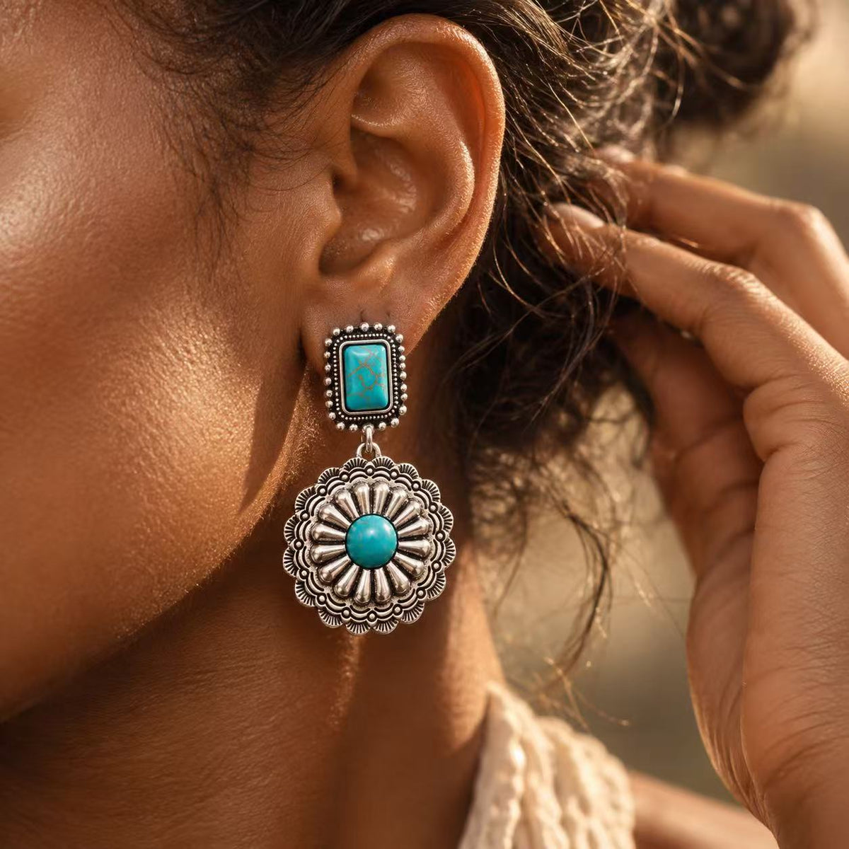 Festival Vacation Jewelry Gift,Boho Turquoise Teardrop Dangle Earrings for Women, Vintage Silver Tone Statement Drop Earrings
