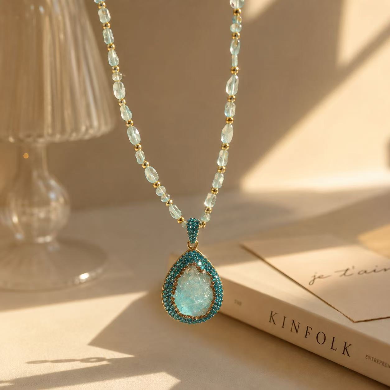 Aqua Blue Crystal Teardrop Necklace Elegant Teardrop Pendant Necklace with Turquoise Stone and Gold-Tone Beads for Women's Fashion Jewelry