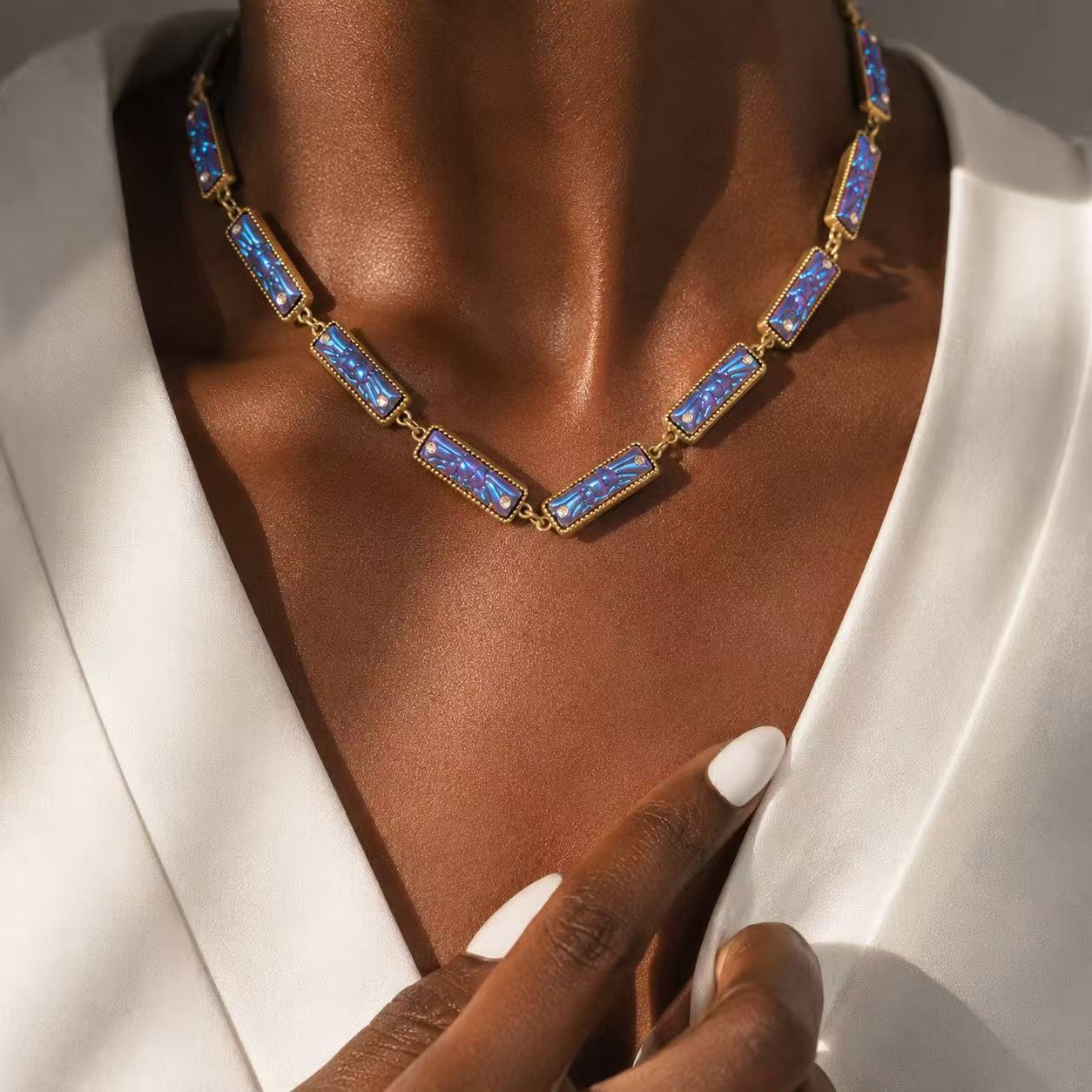 Elegant Blue Opal Necklace with Gold Tone Settings for Women's Fashion Jewelry