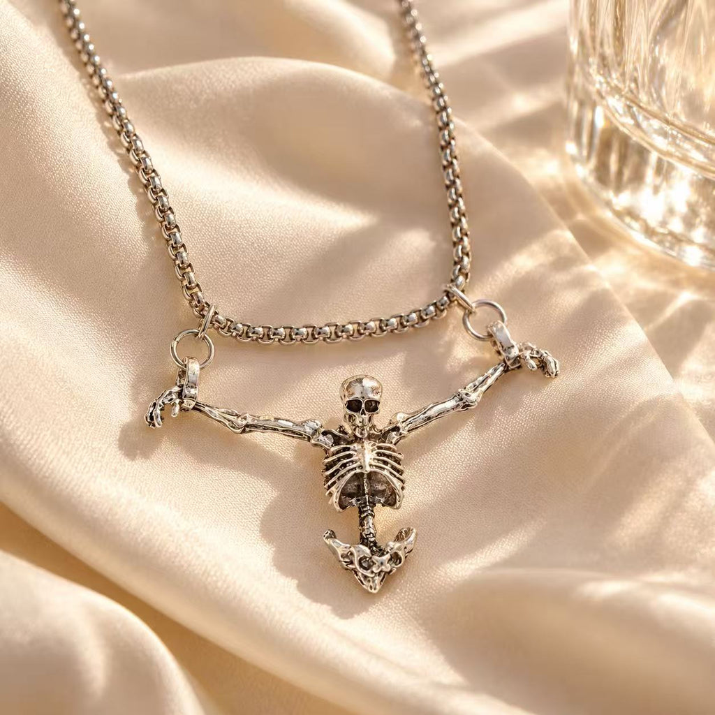 Gothic Skeleton Pendant Necklace for Women & Men, Silver Tone Punk Statement Chain, Halloween Costume Jewelry, Vintage Alternative Style
