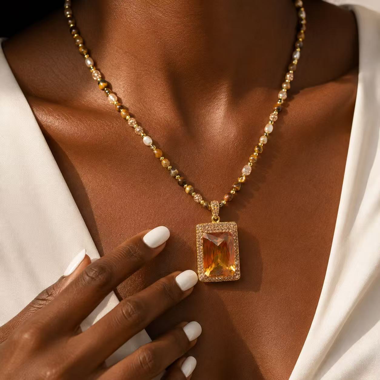 Elegant Gold Tone Necklace with Amber Pendant and Beaded Chain for Women's Fashion Jewelry