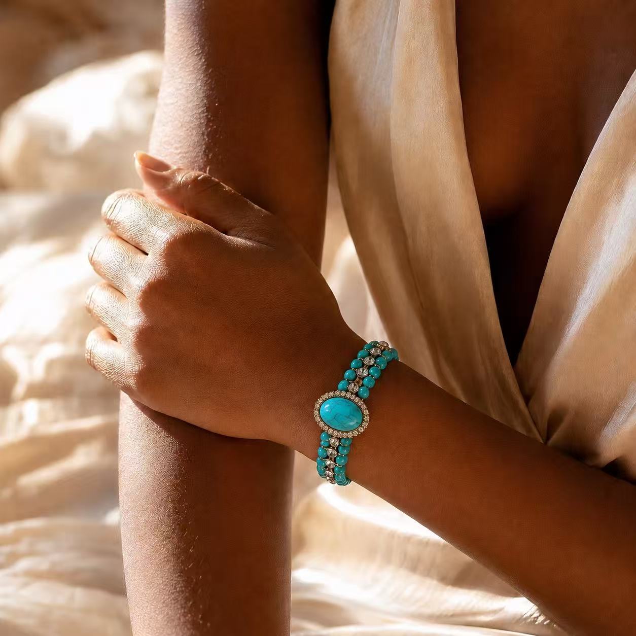 Turquoise Statement Bracelet – Gold-Tone Crystal & Natural Stone-Inspired Jewelry
