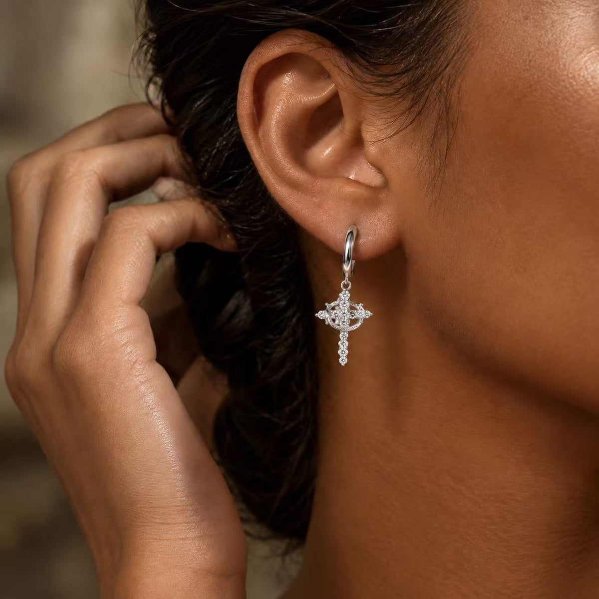 Gold Tone Cross Crown Dangle Earrings for Women, Sparkling Clear Stone Hoop Drop Earrings, Vintage Inspired Statement Jewelry, Gift for Her