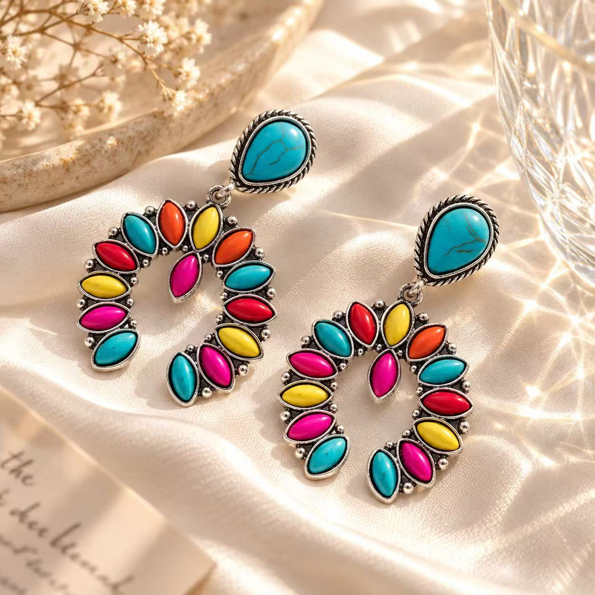Boho Multicolor Teardrop Dangle Earrings for Women, Turquoise-Style Statement Earrings, Vintage Western Inspired Jewelry