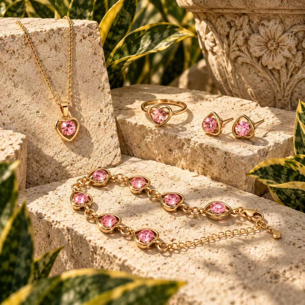 Heart Pink Stone Jewelry Set, Gold-Tone Necklace Bracelet Earrings Ring, 4-Piece Set